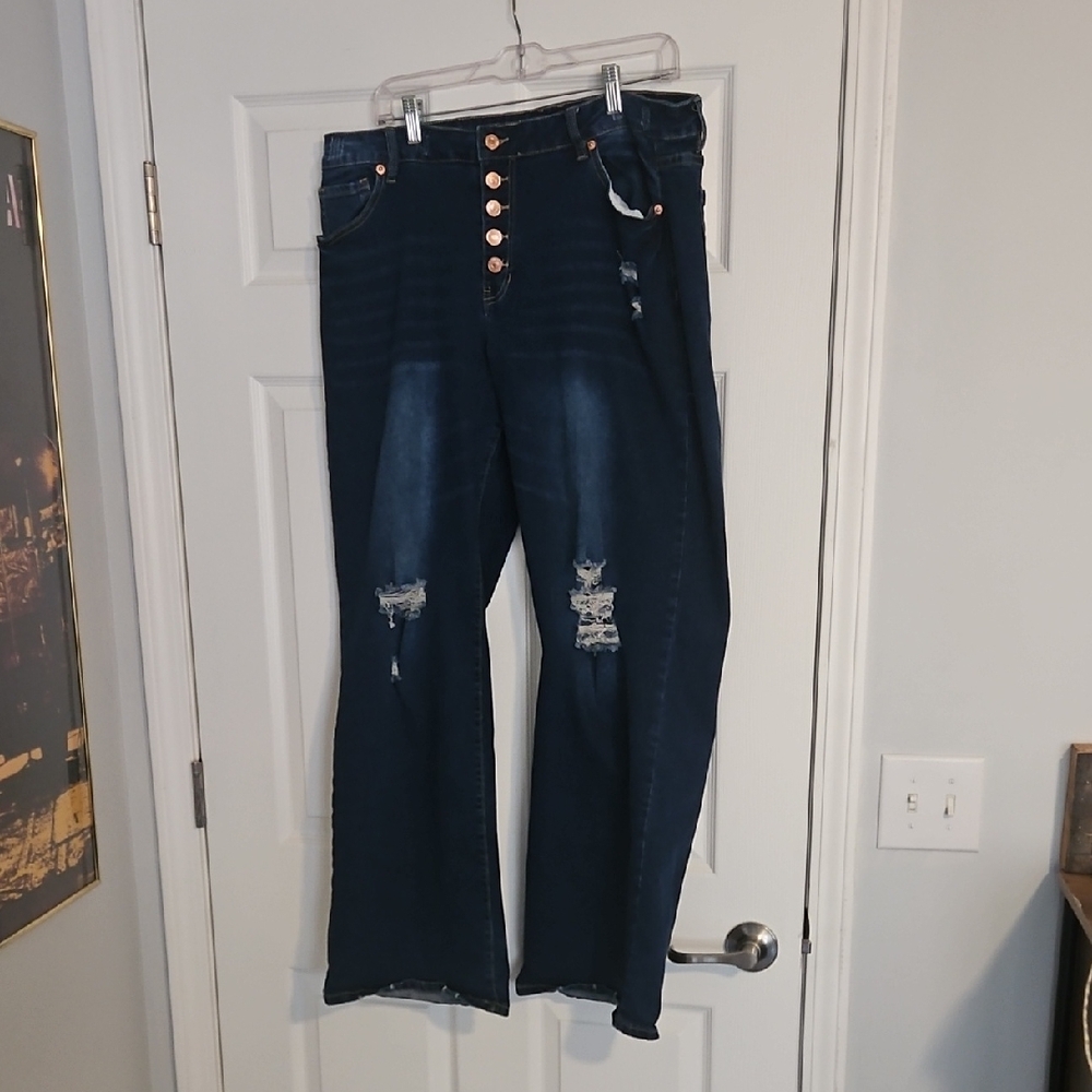 LookbookStore Button Fly High Waisted Distressed  Flare Jeans XXL